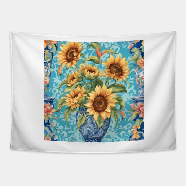 Sunflowers in chinoiserie jar Tapestry by SophieClimaArt