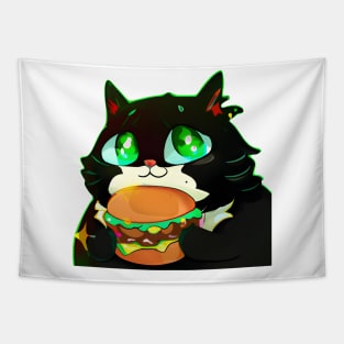 Black Fat cat with eating burger Tapestry