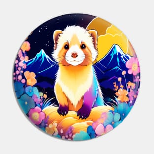 Cute Ferret with Floral Elements in Watercolor art Pin