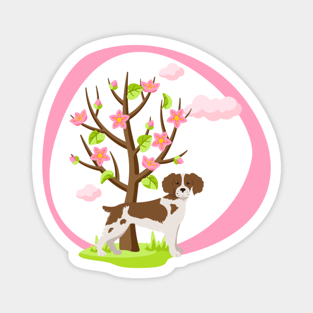 Brittany Spaniel Dog with Spring Blossom Tree Magnet by Seasonal Dogs