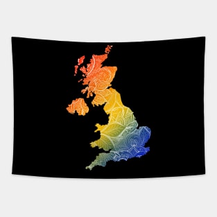 Colorful mandala art map of United Kingdom with text in blue, yellow, and red Tapestry