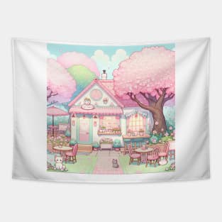 cute cat cafe with pink cherry blossom trees Tapestry