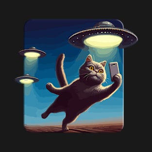 Cute Black Cat Making Selfie With UFOs Behind T-Shirt