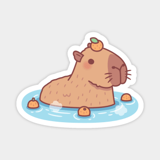 Cute Capybara With Orange On Head Chilling In Hot Spring Magnet