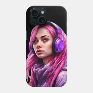 Pink hair girl with purple headphones Phone Case