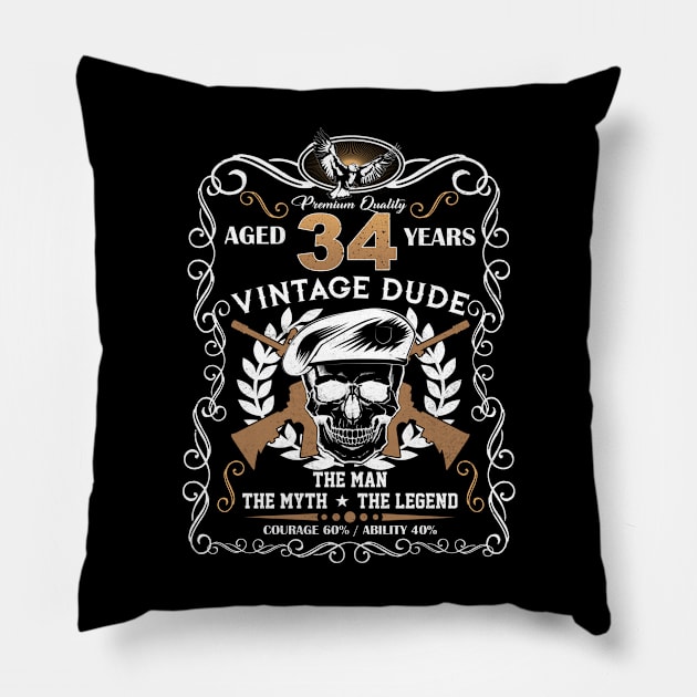 Skull Aged 34 Years Vintage 34 Dude Pillow by Hsieh Claretta Art