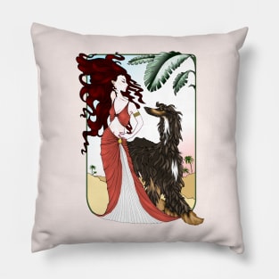 AFGHAN HOUND. Black & Tan  Afghan with brown haired goddess. Pillow