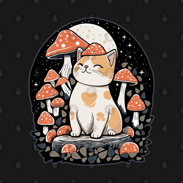 Cottagecore Aesthetic Cat with Mushroom Hat Kawaii by Bluzzkar