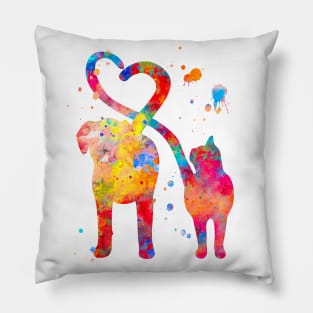 Cat and Dog With Heart Tails Watercolor Painting Pillow