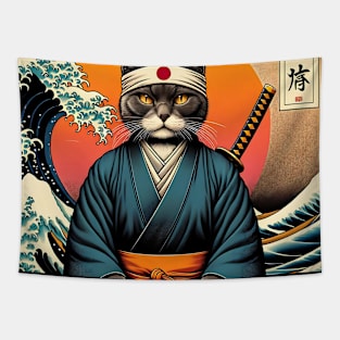 Vaporwave Samurai Cat Great Wave Off Kanagawa Tapestry