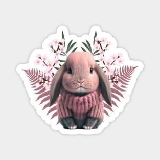 Adorable baby rabbit in pink wool sweater - beautiful flowers and leaves Magnet