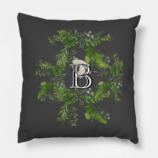 Botanical Monogram B letter with Heron bird detail. Pillow