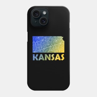 Colorful mandala art map of Kansas with text in blue and yellow Phone Case