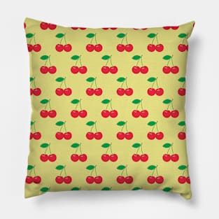 Red Cherries Pattern on Yellow Background Pillow