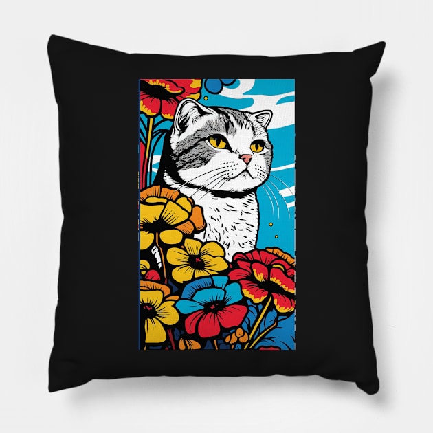 Scottish Fold Cat Vibrant Tropical Flower Tall Retro Vintage Digital Pop Art Portrait 3 Pillow by ArtHouseFlunky