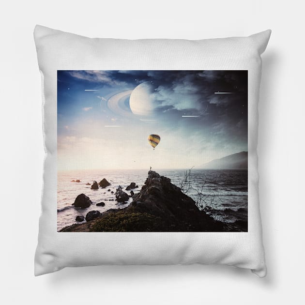 Balloon flying over the sea Pillow by daghlashassan