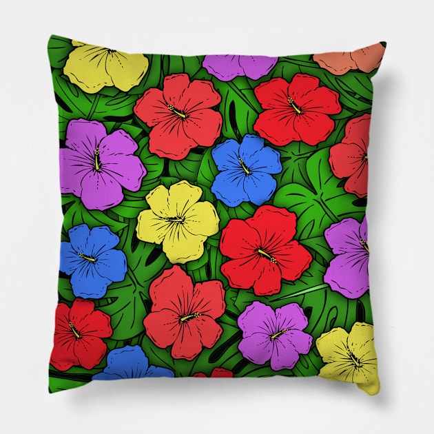 Hibiscus Flowers & Monstera Leaves #4 Pillow by headrubble