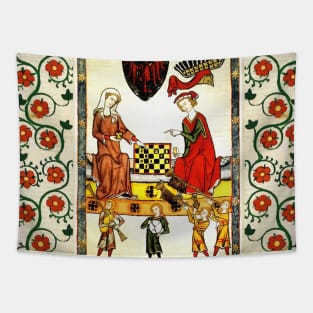 MEDIEVAL CHESS PLAYERS IN COURT WITH RED WILD ROSES Tapestry