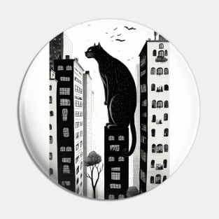 Big City Cat Looking into Peoples Windows Black and White Illustration Pin