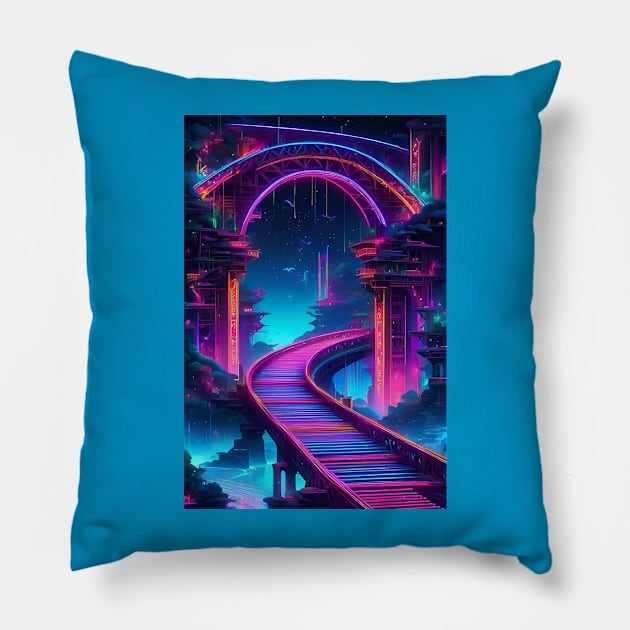 Neon bridge in cyberpunk aesthetic Pillow by Spaceboyishere