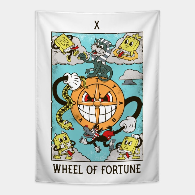 Wheel of Fortune - Mystical Medleys - Vintage Cartoon Tarot (White) Tapestry by Mystical Medleys