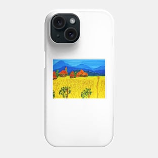 Landscape with yellow filed and blue hills Phone Case