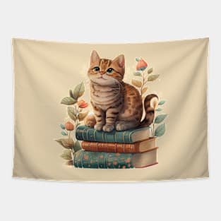 Cute Cottagecore Cat on Books Tapestry