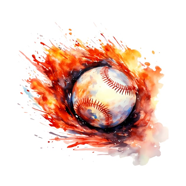 Flamming Baseball Watercolor by BisonPrintsCo