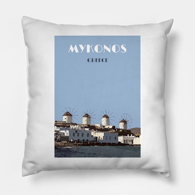 Mykonos Travel Poster Print Pillow by simplythewest