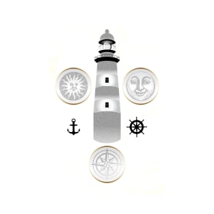 Nautical illustration of sun, moon and lighthouse in retro stamp design T-Shirt