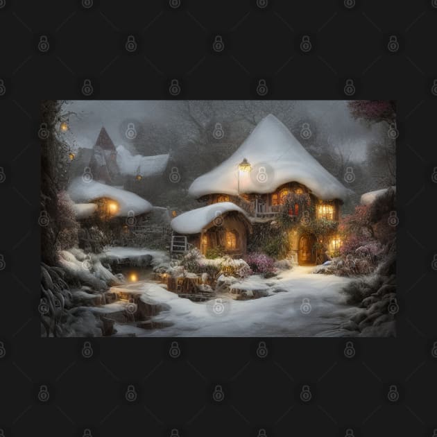 Magical Fantasy House with Lights in a Snowy Scene, Fantasy Cottagecore artwork by Promen Art