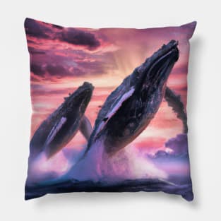 Humpback Whales Breaching at Sunset Pillow