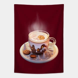 Cappuccino cup Winter Wonderland with wooden cabin surreal style Tapestry