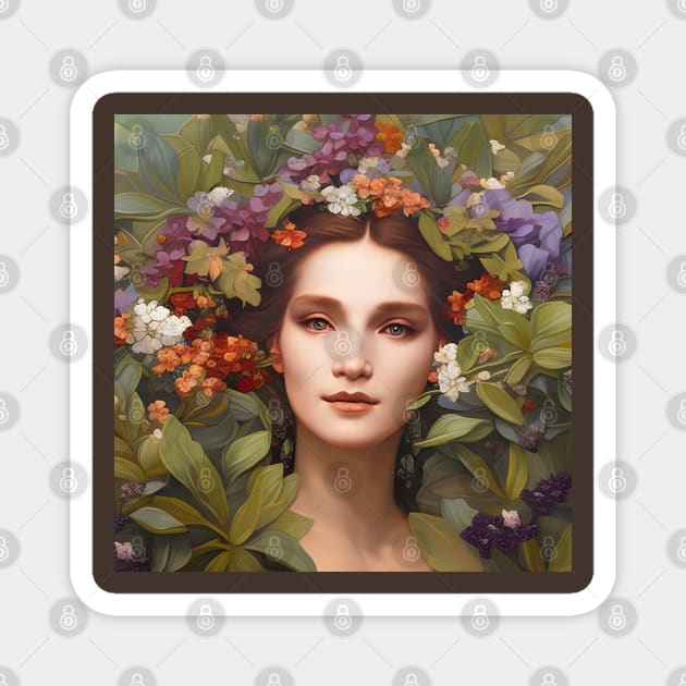 Spring Equinox Beautiful Woman Surrounded By Spring Flowers and Leaves Magnet by Chance Two Designs