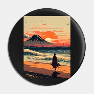 girl watching setting sun on the beach ukiyo e Pin