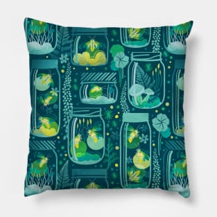 Glowing in the moss // pattern // teal background jars with lightning fireflies bugs quirky whimsical and bioluminescence lampyridae beetles Pillow