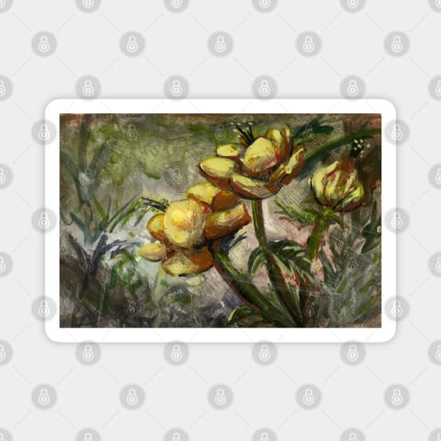 Magic - Gouache painting of Flowers , fairy tale like paint yellow green traditional illustration nature floral pretty Magnet by IrenesGoodies