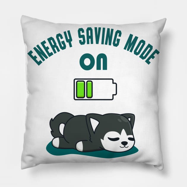 Tired Husky Battery Energy Funny Dog Fun Pillow by Foxxy Merch