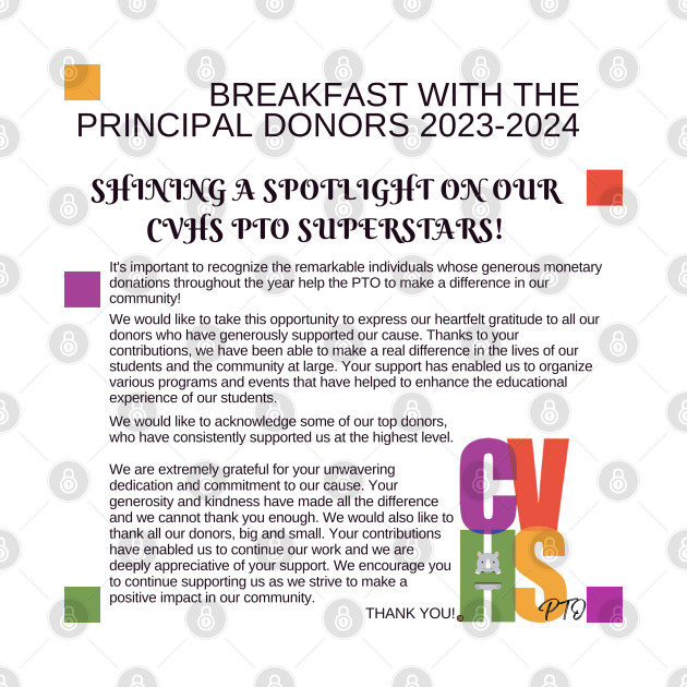 Breakfast With The Principal Donors Honorees 2023-2024 by Carnegie Vanguard High School PTO