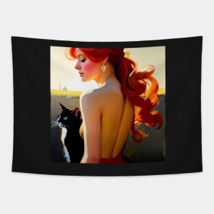 A Redhead and Her Black and White Cat Tapestry