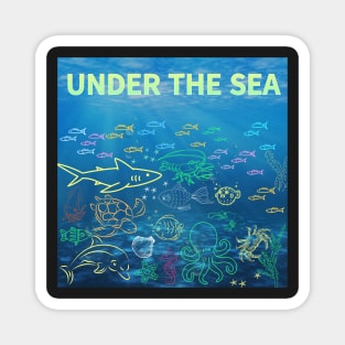 under the sea,blue sea,sea creatures,Turtle, puffer fish, starfish, shrimp, shark, tropical fish, sea horse, seaweed, sardines, squid, crabs, clams Magnet