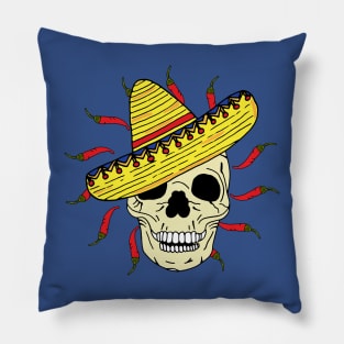 Skeleton Skull Wearing Sombrero with Chillies Pillow