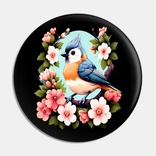 Cute Tufted Titmouse Surrounded by Vibrant Spring Flowers Pin by BirdsnStuff