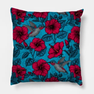 Red hibiscus and hummingbirds, tropical garden on light blue Pillow