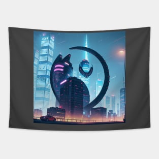 Cyberpunk city with a hidden cat outline Tapestry