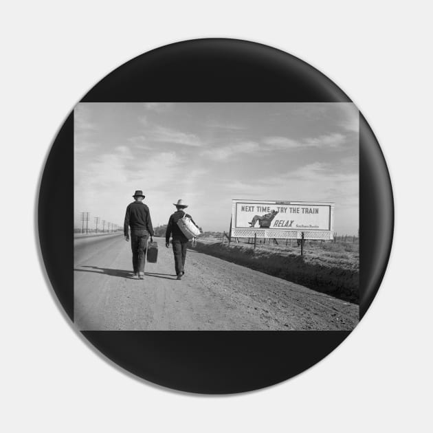 Hitchhiking to Los Angeles, 1937. Vintage Photo Pin by historyphoto