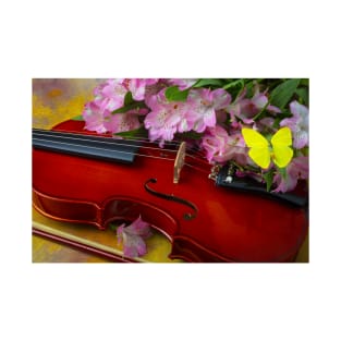 Violin With Alstromeria And Yellow Butterfly T-Shirt