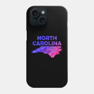 Colorful mandala art map of North Carolina with text in blue and violet Phone Case