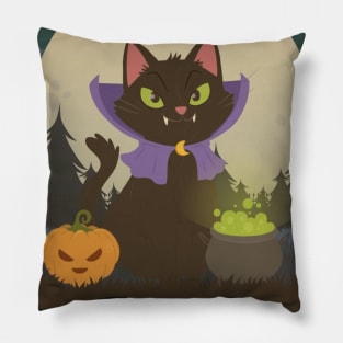 Cat Catoween Dracula Halloween and Pumpkins With Cauldron Pillow