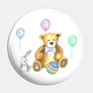 Teddy Bear with rabbit and balloons Pin